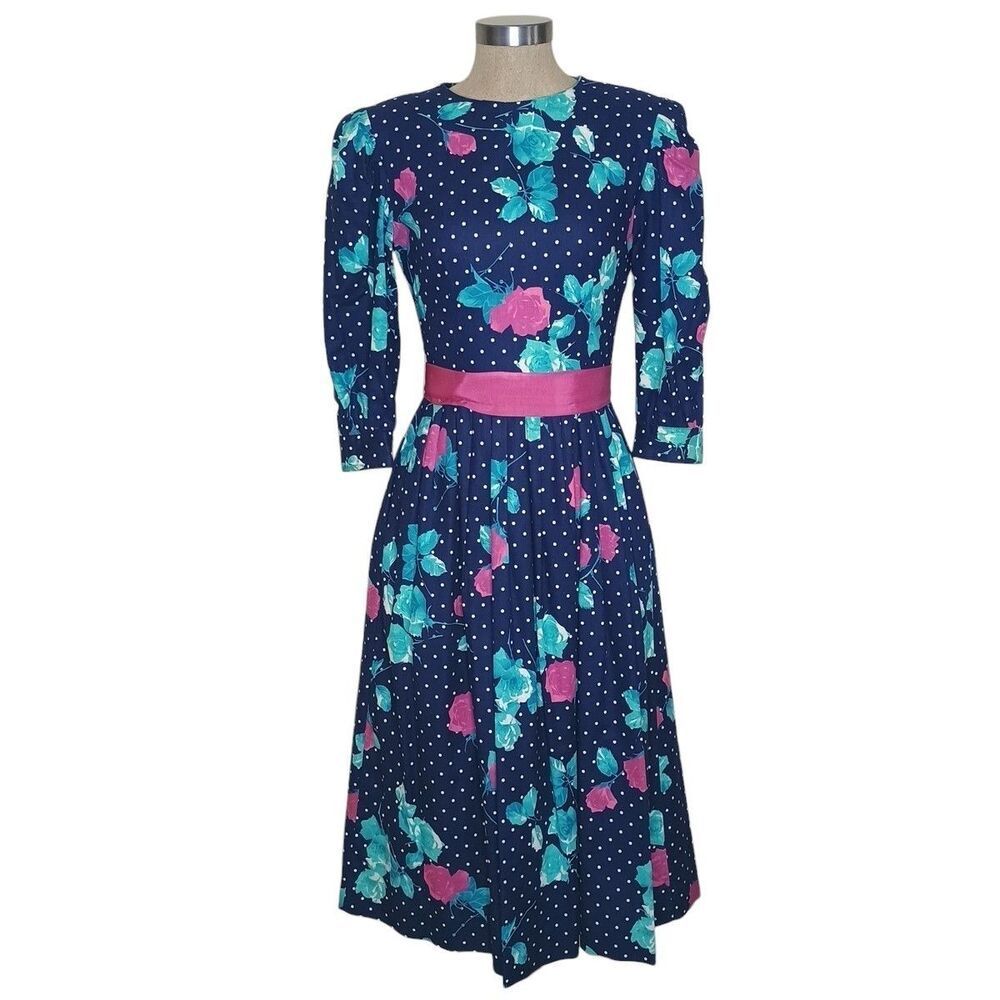 Vintage Lanz Originals 80s Dress Sz 8 Blue Floral Cottagecore Belted Pockets